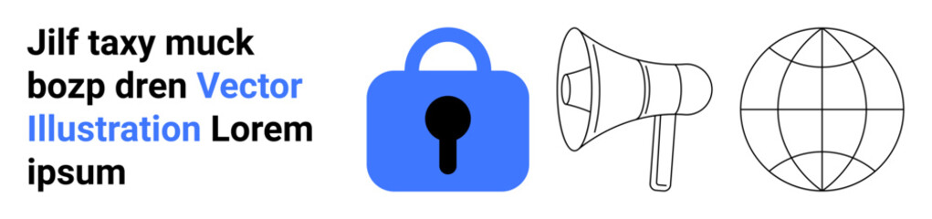 Blue lock, megaphone, globe connected by lines. Ideal for cybersecurity, global connectivity, online safety, digital marketing, global communication, information security, tech industry content