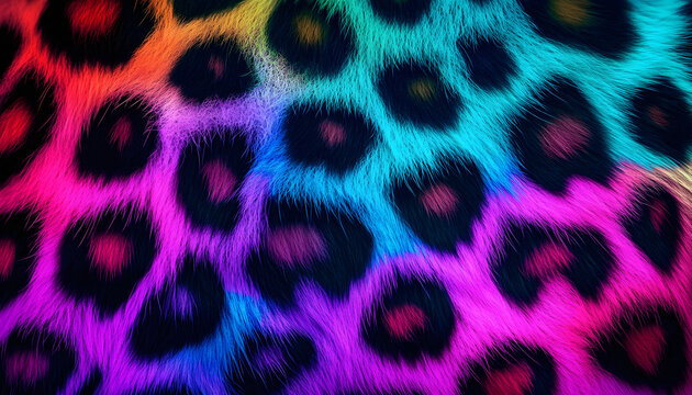 Rainbow neon leopard print background showing colorful wild animal pattern