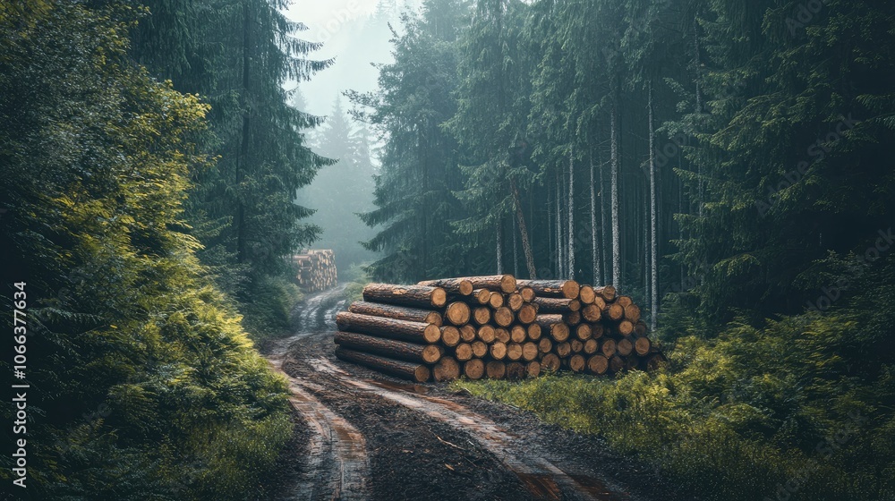 Poster pine and spruce trees in a forest with stacked log trunks representing the timber logging industry