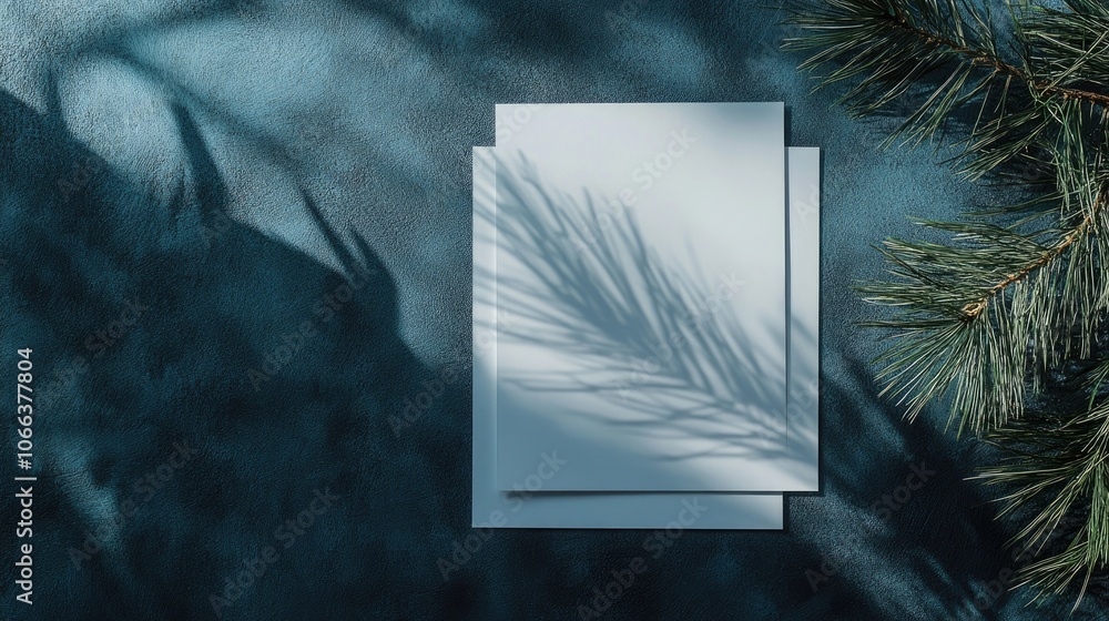 Poster stacked empty vertical poster mockups with a soft pine branch shadow against a dark blue concrete wa