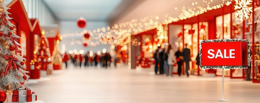 A festive shopping mall decorated for the holidays, featuring bright lights, ornaments, and a prominent "SALE" sign.