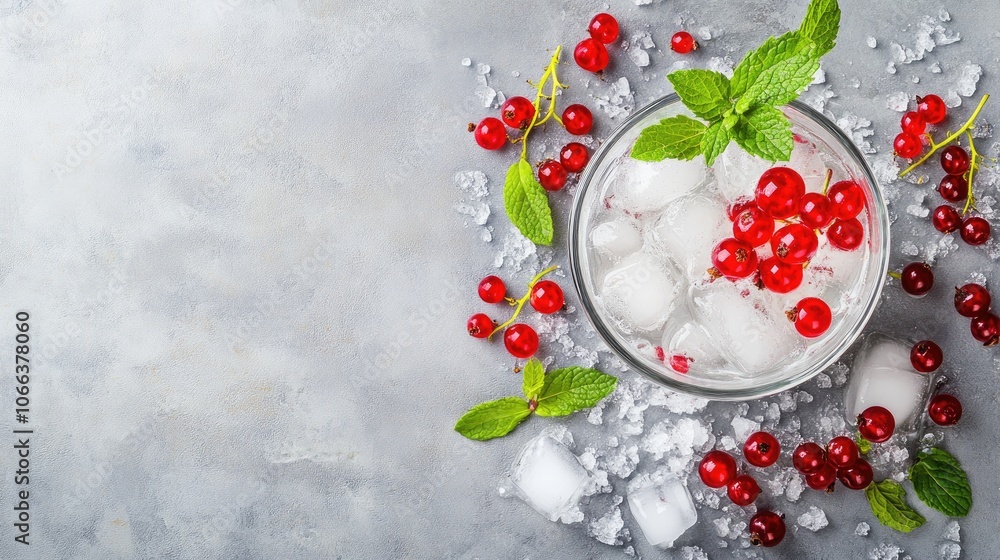 Poster refreshing cocktail featuring crushed ice red currant and mint on a neutral background ideal for sum