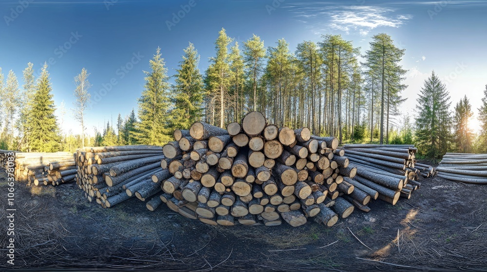 Poster pine and spruce trees in a forest with stacked log trunks representing the timber industry a wide pa