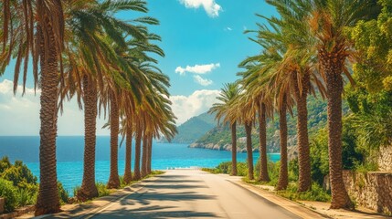 Obraz premium Palm trees lining a scenic coastal road