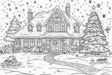 Obraz premium Sketchfor a coloring book, cozy Christmas English house at nighttime, with a lot of lighting candles and lights,