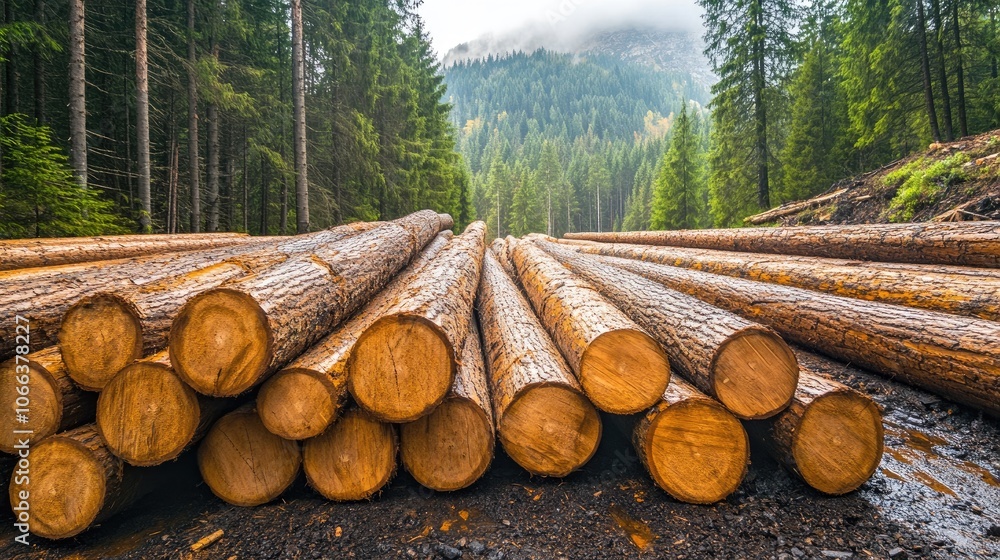 Poster pine and spruce trees in a forest with stacked log trunks representing the timber industry a wide pa