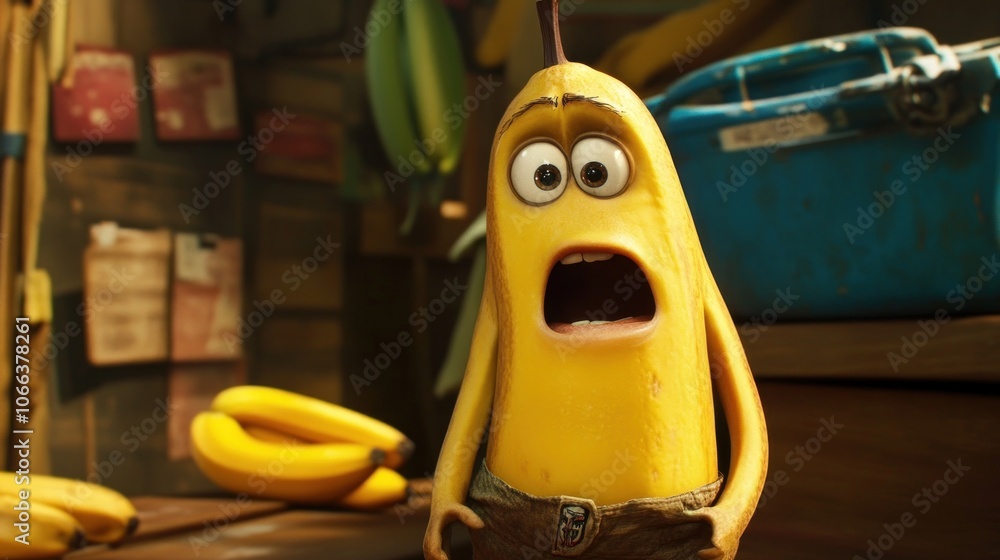 Poster a surprised animated character resembling a banana, set in a cluttered environment.