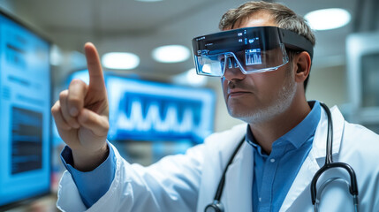 A doctor using special glasses is pointing to a screen in a lab.