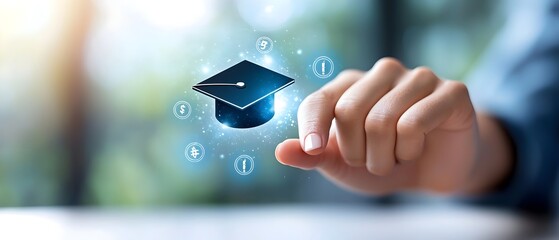 Close up view of a person s finger activating a virtual MBA icon surrounded by floating financial education symbols