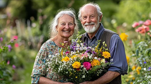 Elderly couple smiling with colorful flower bouquet