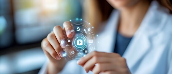 Close up of a female hand reaching out to touch a futuristic glowing MBA HUD interface surrounded by transparent digital icons representing finance education and business concepts