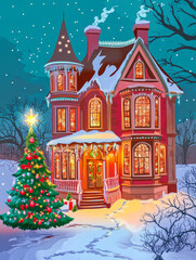 Fototapeta premium Sketchfor a book, cozy Christmas English house at nighttime, with a lot of lighting candles and lights. New Year's postcard