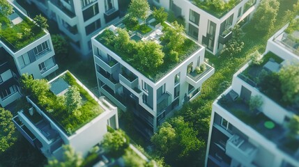 Residential area with ecological and sustainable green residential buildings, low-energy houses with apartments and green courtyard