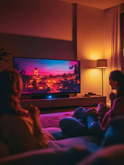 A family enjoying a movie night. TV Night