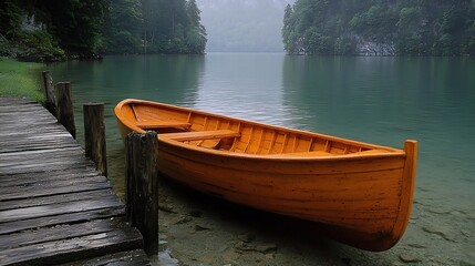 Obraz premium Weathered Wooden Rowboat Tied at Serene Lakeside