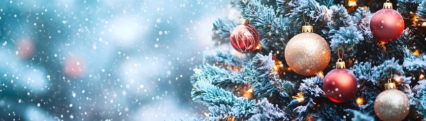Snow-Covered Christmas Tree with Red and Gold Ornaments
