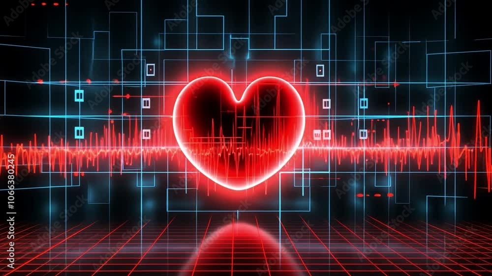 Aufkleber Digital Heartbeat: A glowing red heart pulses with vibrant energy, set against a backdrop of futuristic, interconnected lines and data streams.  The image evokes feelings of love, technology.