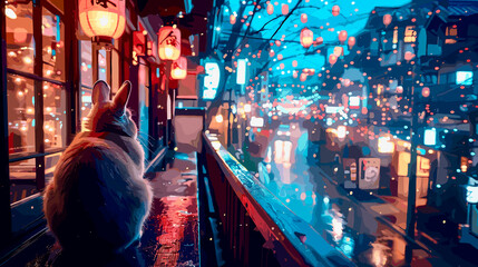 Obraz premium A serene evening in a bustling city with a rabbit observing the vibrant streets illuminated by lanterns and colorful lights