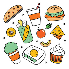 Hand Drawn snacks food vector art collection on white background for healthy food project