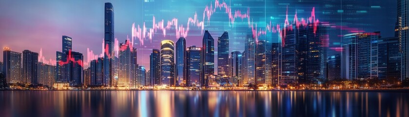 Cityscape with global financial chart overlay, international real estate market concept