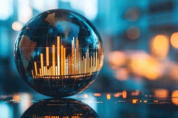 Interactive digital globe with rising real estate bar graphs, global market visualization