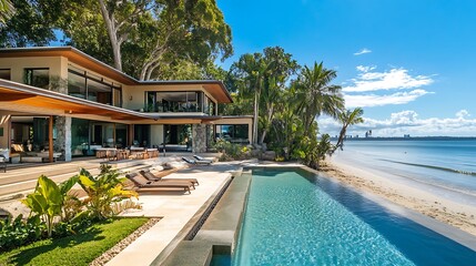 Fototapeta premium Modern Tropical Home with Infinity Pool and Ocean View