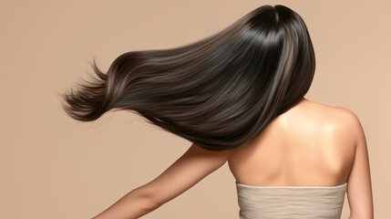 「若い女性のロングヘアの光沢ある髪の毛が流動的になびいている.」