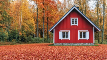 Red Cottage Autumn Leaves Forest Fall Season House