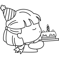 a vector of a girl blowing a birthday cake in black and white coloring 