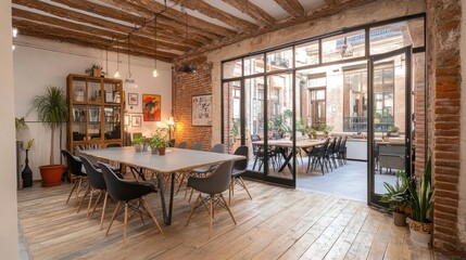 Fototapeta premium Modern conference room with large table, exposed brick walls, and wooden beams, opening to a patio.
