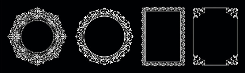 Set of decorative frames Elegant vector element for design in Eastern style, place for text. Floral black and white borders. Lace illustration for invitations and greeting cards.