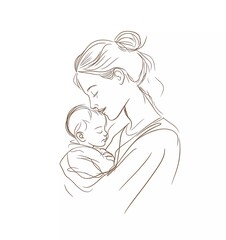 Simple line art drawing of a mother holding a baby, on a white background.