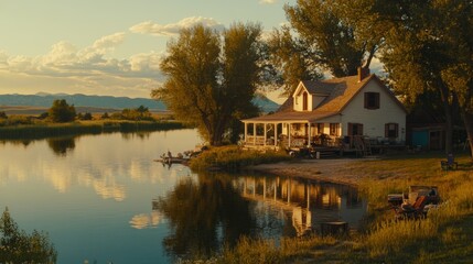 Fototapeta premium Lakeside Farmhouse Sunset Tranquil Rural Home Peaceful River Scene