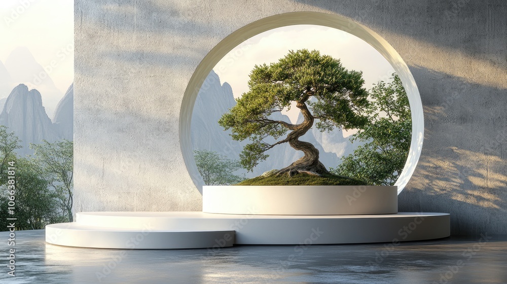 Poster a minimalist zen-inspired scene with a bonsai tree and mountains visible through a circular window.