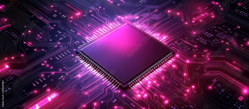 Poster chip and circuit board on technology background. brightly glowing pixels on a semiconductor surface