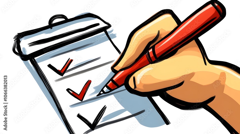 Poster a hand writing on a clipboard checklist with checked items using a red pen. perfect for tasks and pr