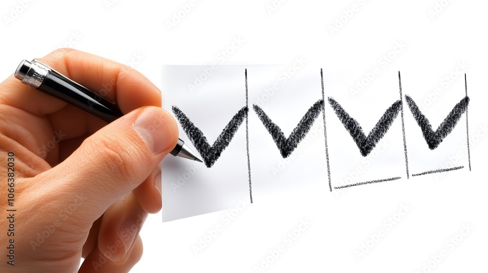 Poster a hand holding a pen draws checkmark symbols on a paper, representing task completion and organizati