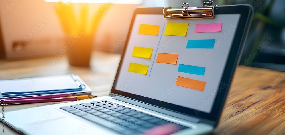 Poster a modern laptop displaying colorful sticky notes on its screen, symbolizing organization and product