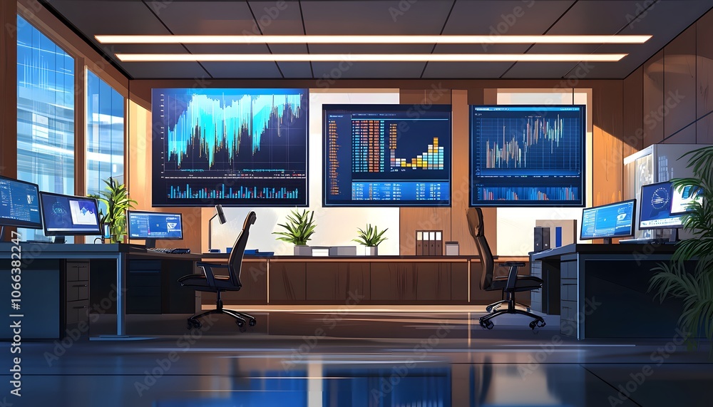 Aufkleber a modern office equipped with multiple screens displaying financial data, ideal for trading and inve