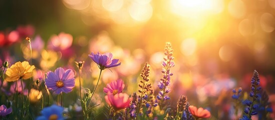 Vibrant Wildflower Meadow at Sunrise with Colorful Blooms and Golden Sunlight Creating a Serene and Picturesque Natural Landscape