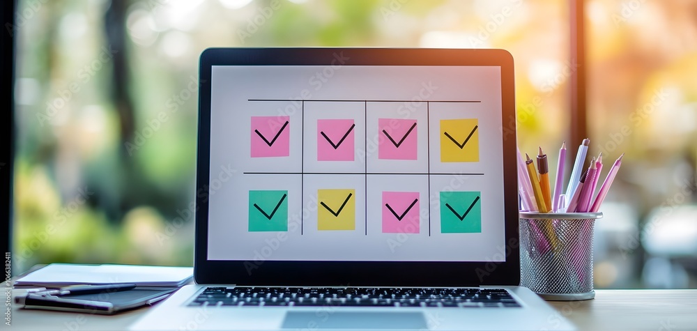 Poster A modern workspace featuring a laptop with colorful checklists, symbolizing productivity and organization in a serene environment.
