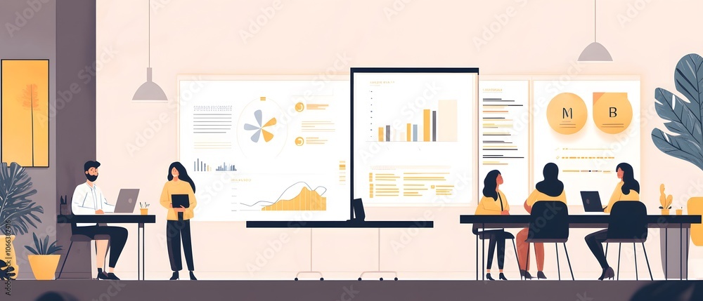 Poster a modern workspace featuring a team collaborating on data analysis with charts and presentations on 