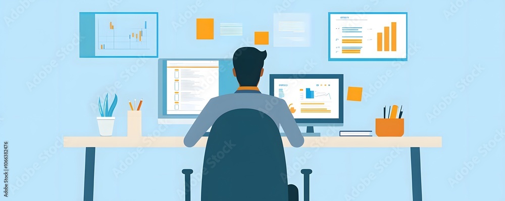 Poster a modern workspace with a person analyzing data on two computer screens, showcasing productivity and