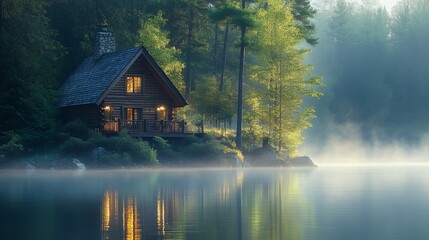 Fototapeta premium Serene Lakeside Log Cabin Sunrise Misty Forest Escape