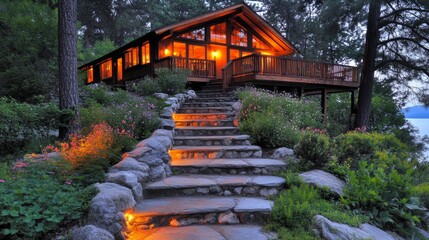 Illuminated Lakeside Cabin Stone Steps Night Landscape
