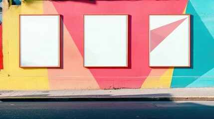 Fototapeta premium Vibrant urban setting featuring a colorful geometric wall and four wrinkled white poster templates for design mockups Dynamic city backdrop for creative presentations