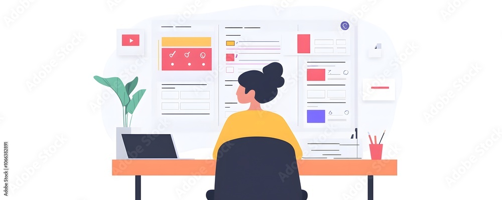 Poster a person working at a desk, analyzing data on a screen with charts and graphs. modern workspace with