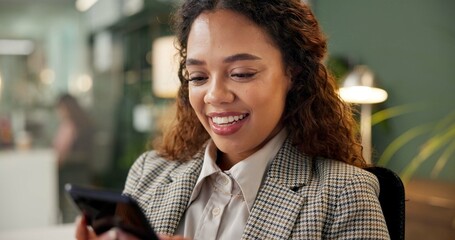 Phone, scroll and woman in office with smile, connection and reading online post at desk for networking. Search, smartphone and businesswoman typing on mobile app for communication at digital agency