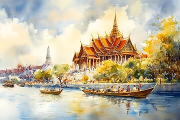 Naklejka premium Art painting Watercolor Floating market and temple Thailand ,