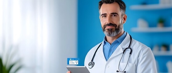 Virtual telemedicine platform with doctor on a tablet screen surrounded by digital healthcare and patient care icons  Concept of remote medical consultation diagnosis